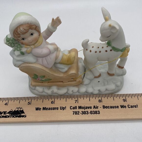 Treasure Masters Vintage Girl on Sleigh with Reindeer Bisque Figurine - Picture 8 of 9
